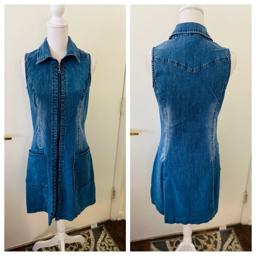 Sleeveless Denim Zip-Front Dress - Blue